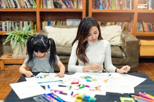 Hübsches kaukasisches Mädchen Kind genießt es, Buntstiftfarbe auf Papier mit Mama auf dem Sofa Hintergrund zu Hause Familienkonzept zu malen