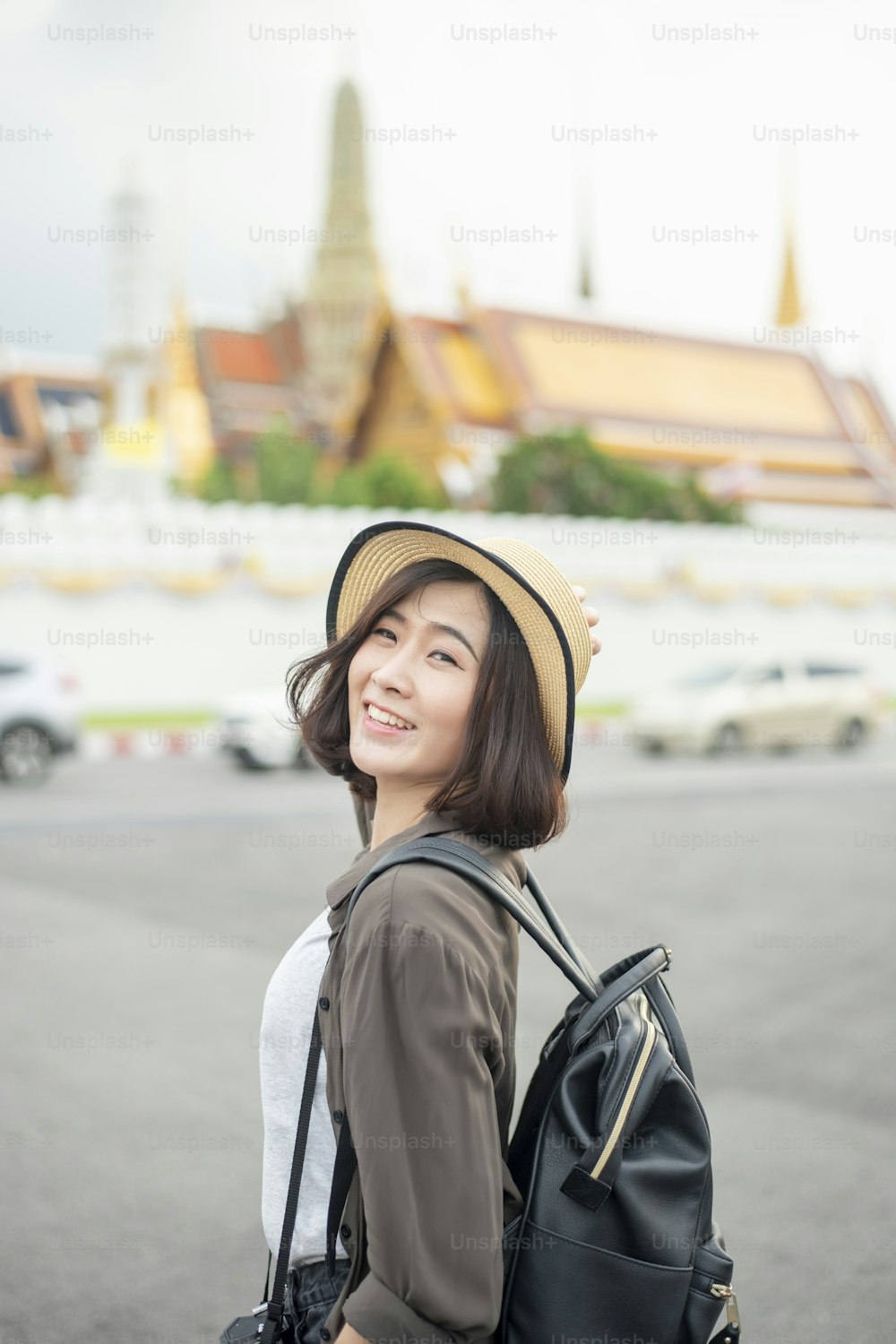 Young Asian travel woman is enjoying with beautiful place in Bangkok, Thailand