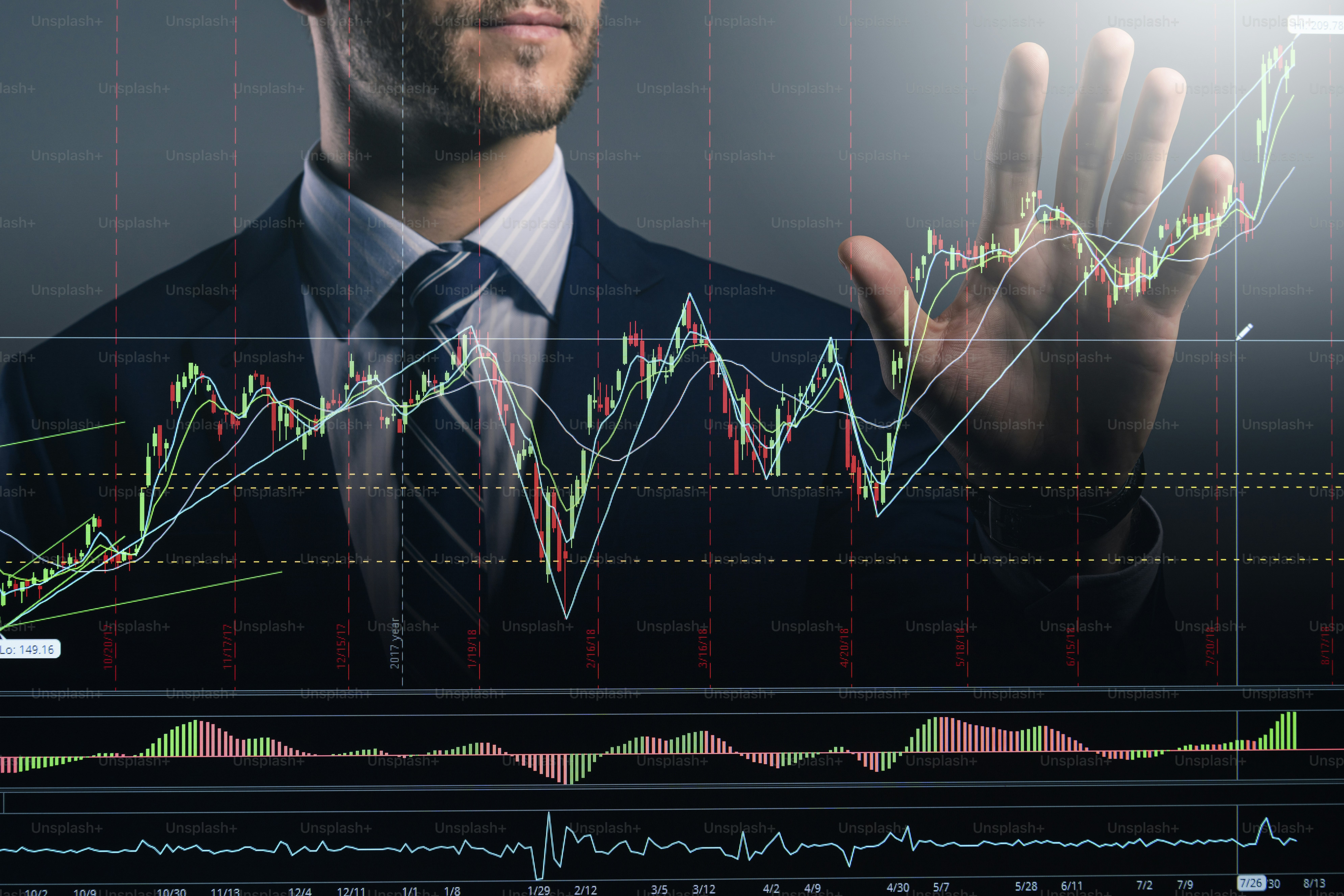 smart caucasian businessman hand touch invisible stock chart market screen dark background business financial ideas concept