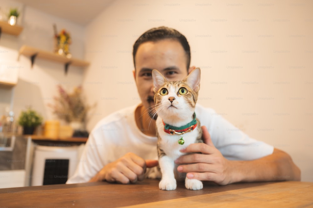 Ragazzo asiatico e donne che giocano con il gatto, indossavano una maschera per proteggersi dal coronavirus COVID-19, il simpatico gatto amichevole ha bisogno di attenzione da parte dei proprietari. lavoro a casa.