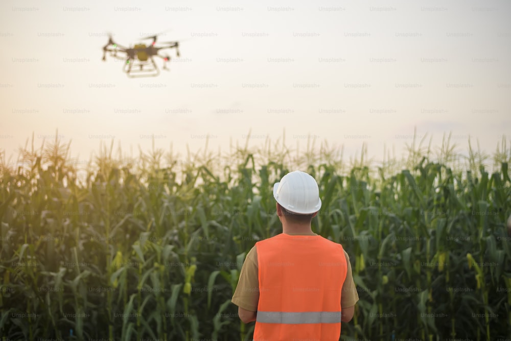 Un ingeniero masculino que controla la pulverización de fertilizantes y pesticidas con drones sobre tierras de cultivo, innovaciones de alta tecnología y agricultura inteligente