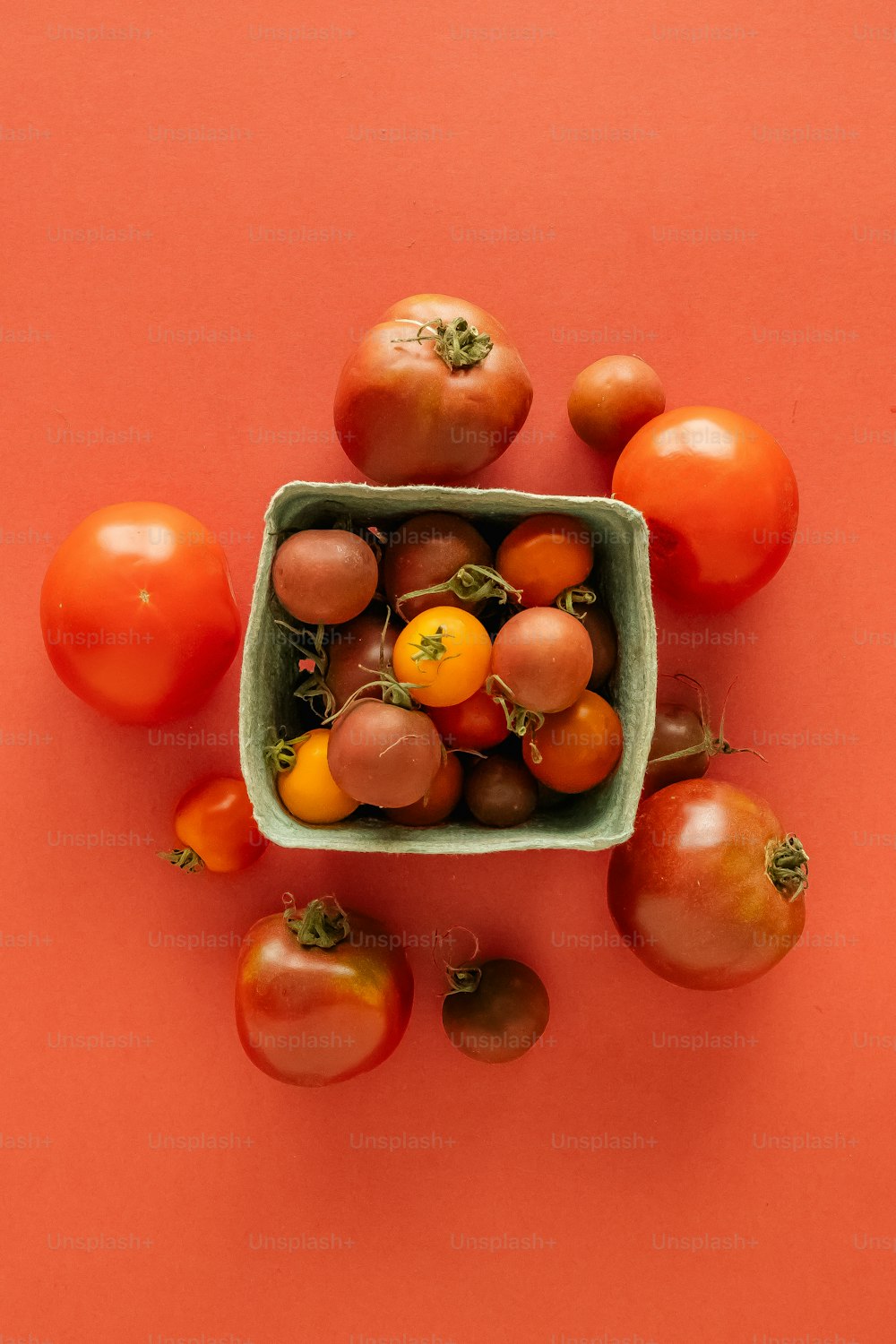 a green bowl filled with lots of different types of tomatoes