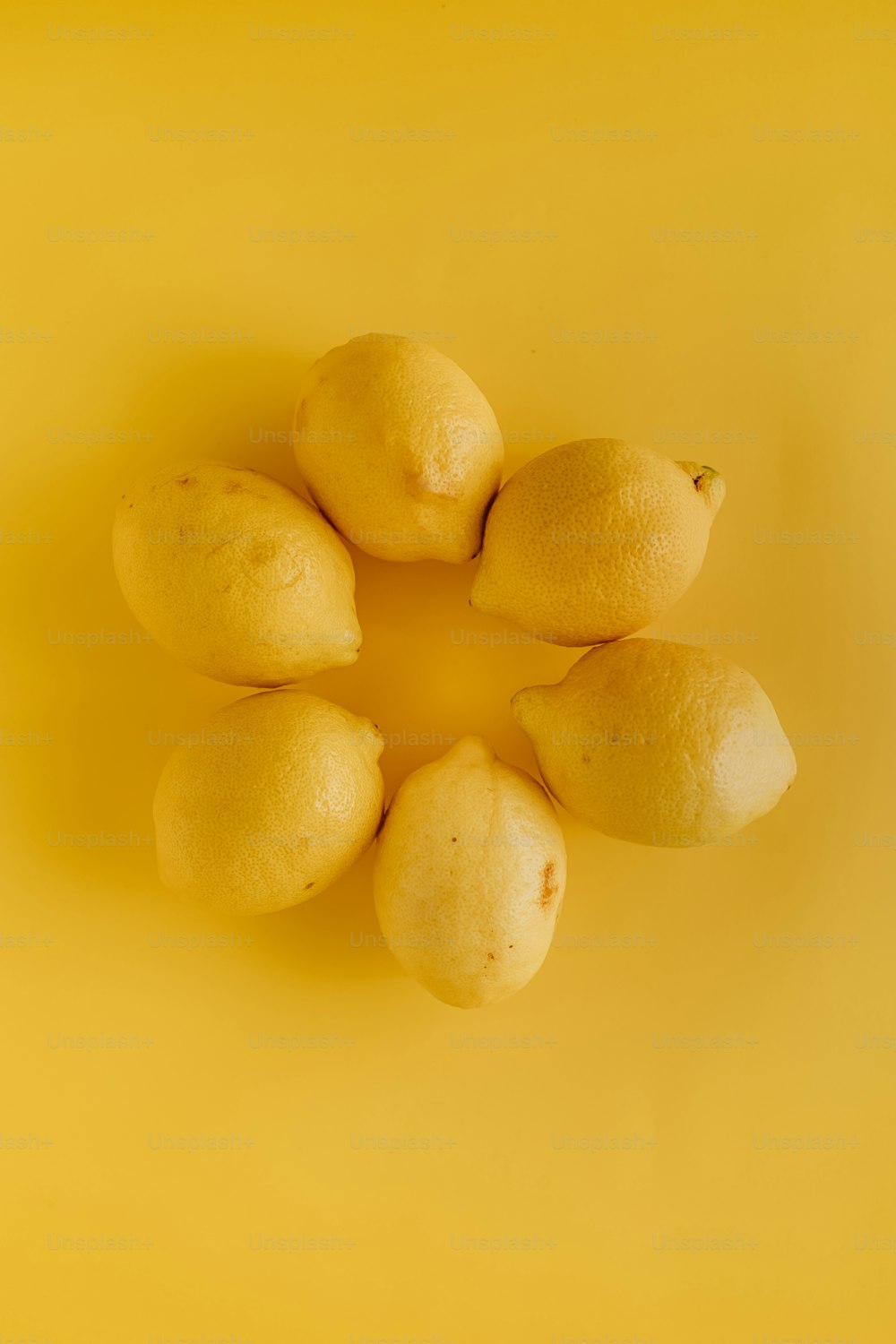 노란색 표면 위에 앉아 있는 레몬 그룹
