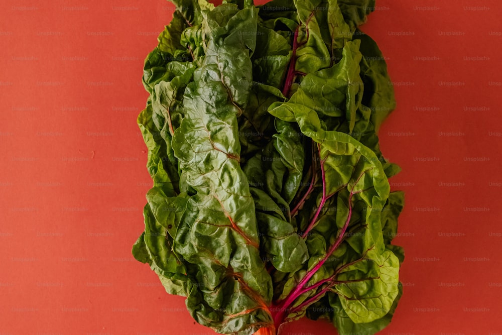 um monte de vegetais de folhas verdes em uma superfície vermelha