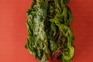 un bouquet de légumes à feuilles vertes sur une surface rouge