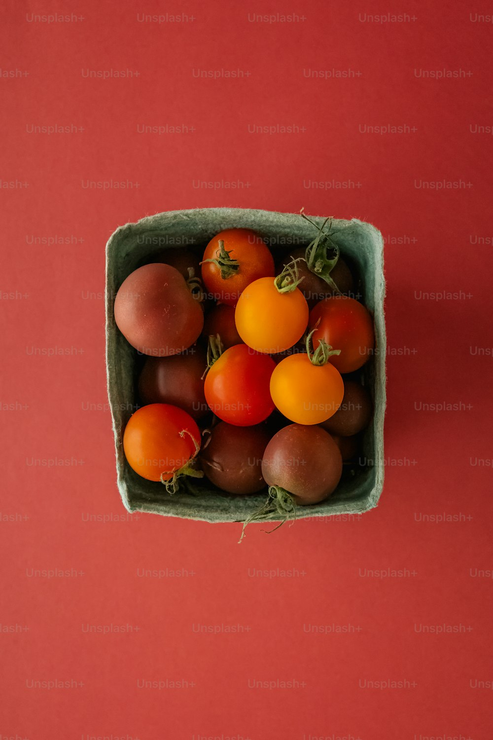 a bowl of tomatoes and oranges on a red background