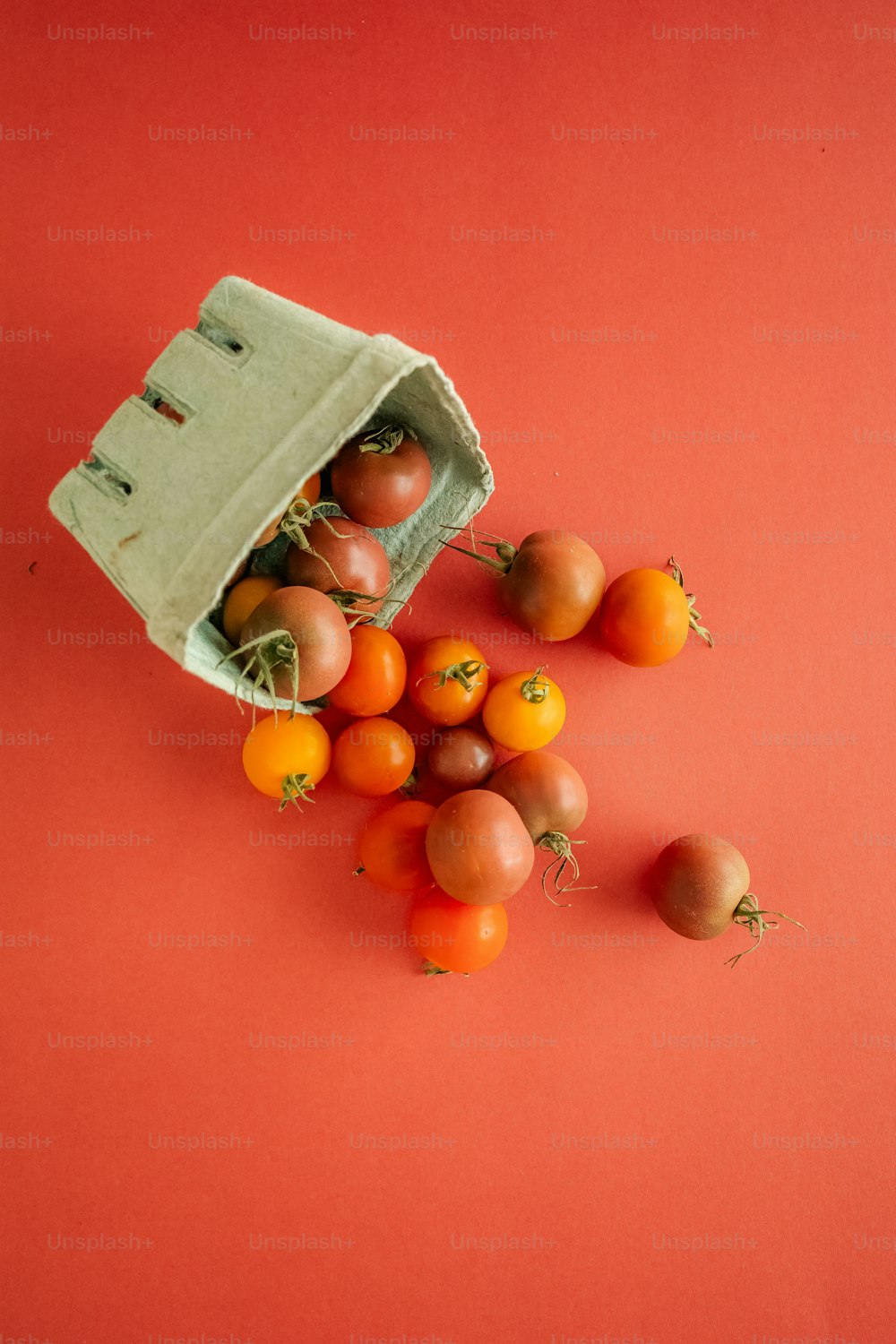 una bolsa de tomates sobre una superficie roja