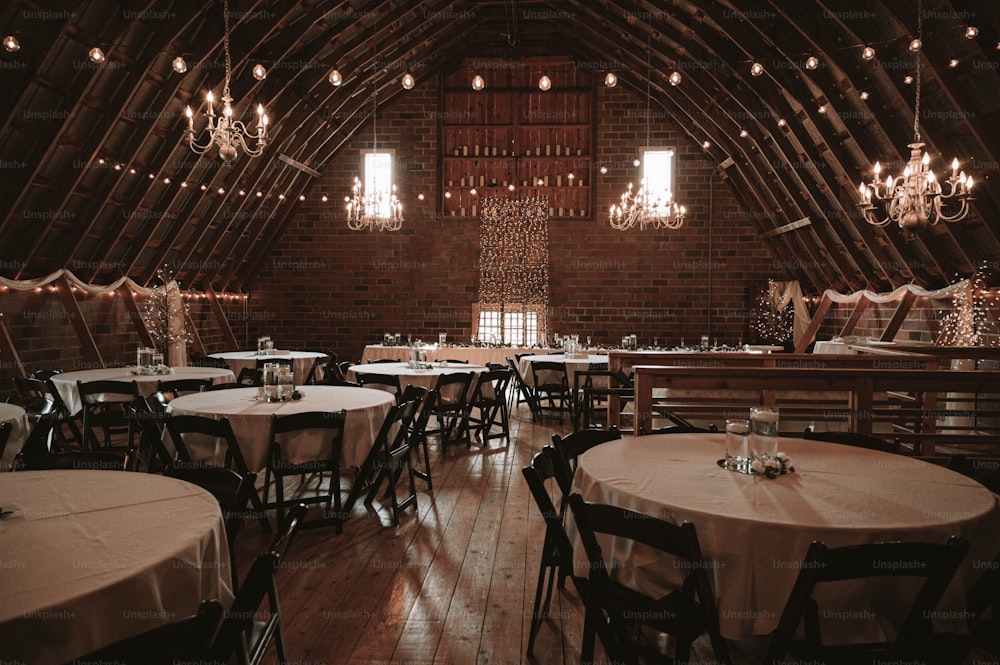 a large room with tables and chairs in it