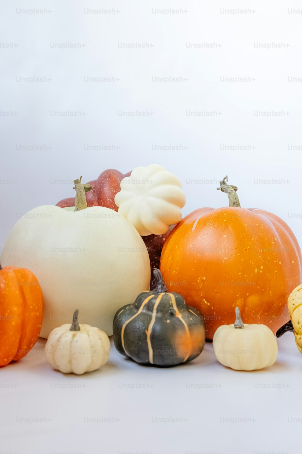 a group of pumpkins sitting on top of a white table