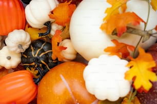 a pile of pumpkins and gourds sitting on top of a table