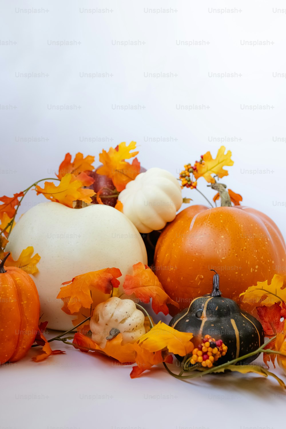 a pile of pumpkins and gourds sitting on top of a table