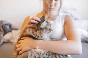 a woman is holding a cat in her arms