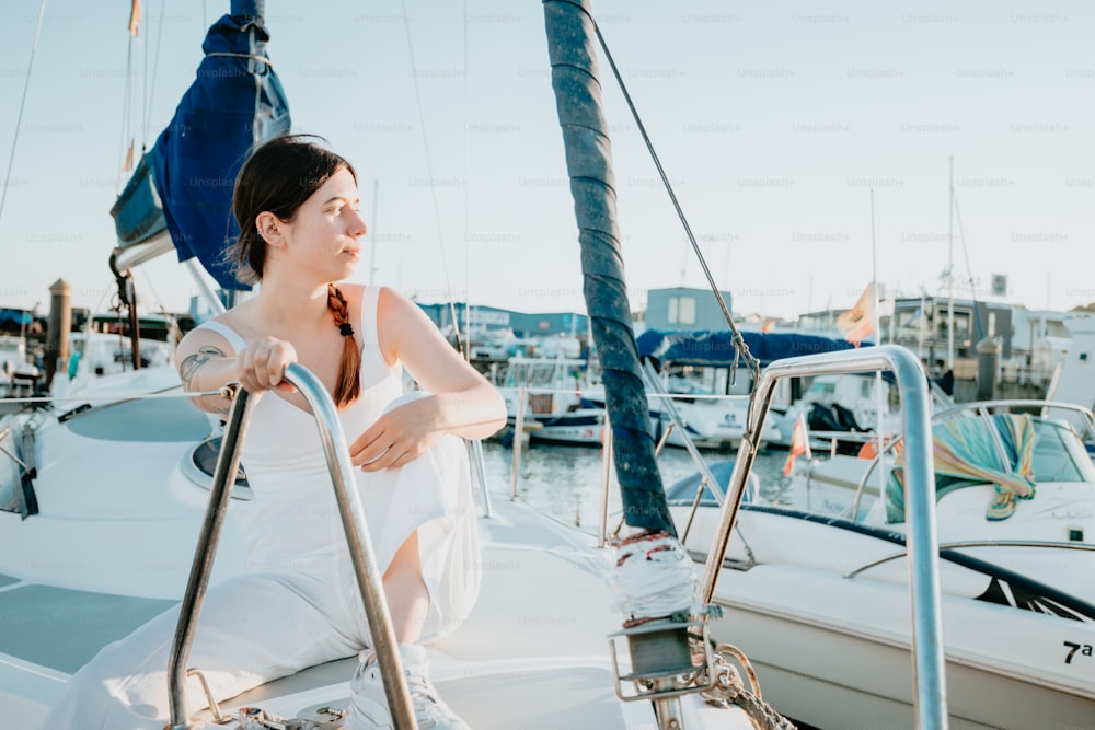 a woman in a white dress sitting on a boat