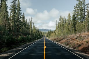 an empty road surrounded by trees and mountains