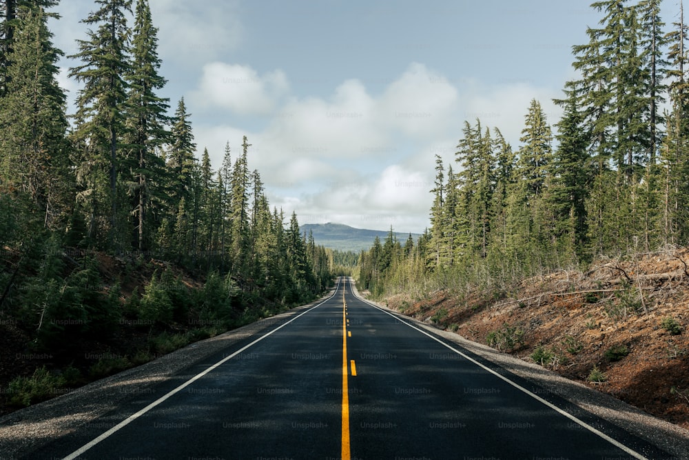 an empty road surrounded by trees and mountains