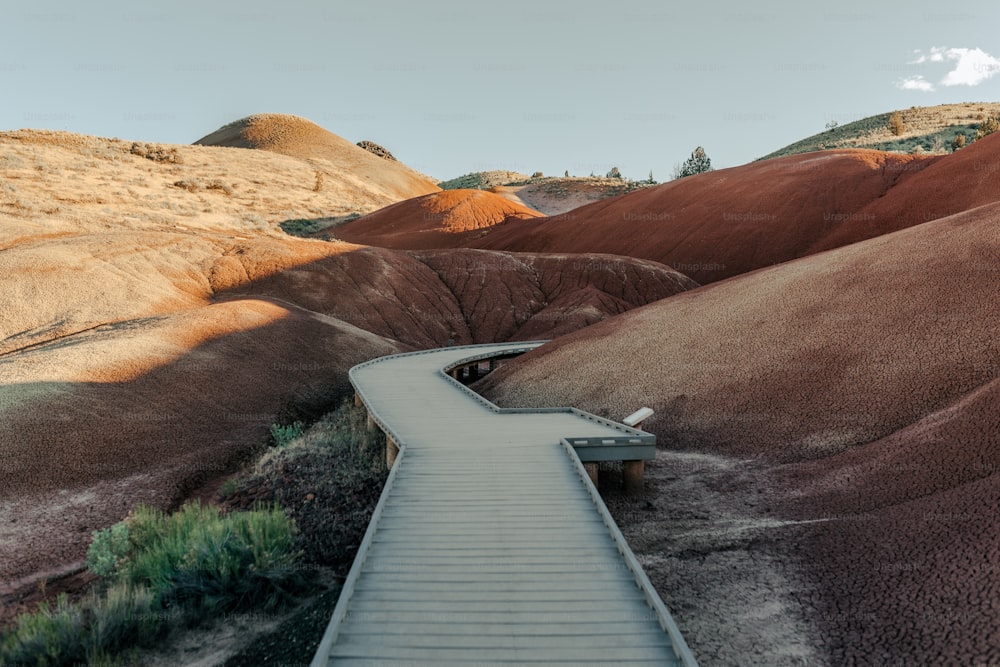 a wooden walkway leading to the top of a hill