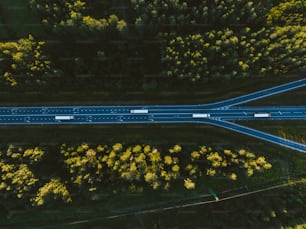 an aerial view of a highway in the middle of a forest