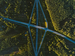 an aerial view of a road in the middle of a forest