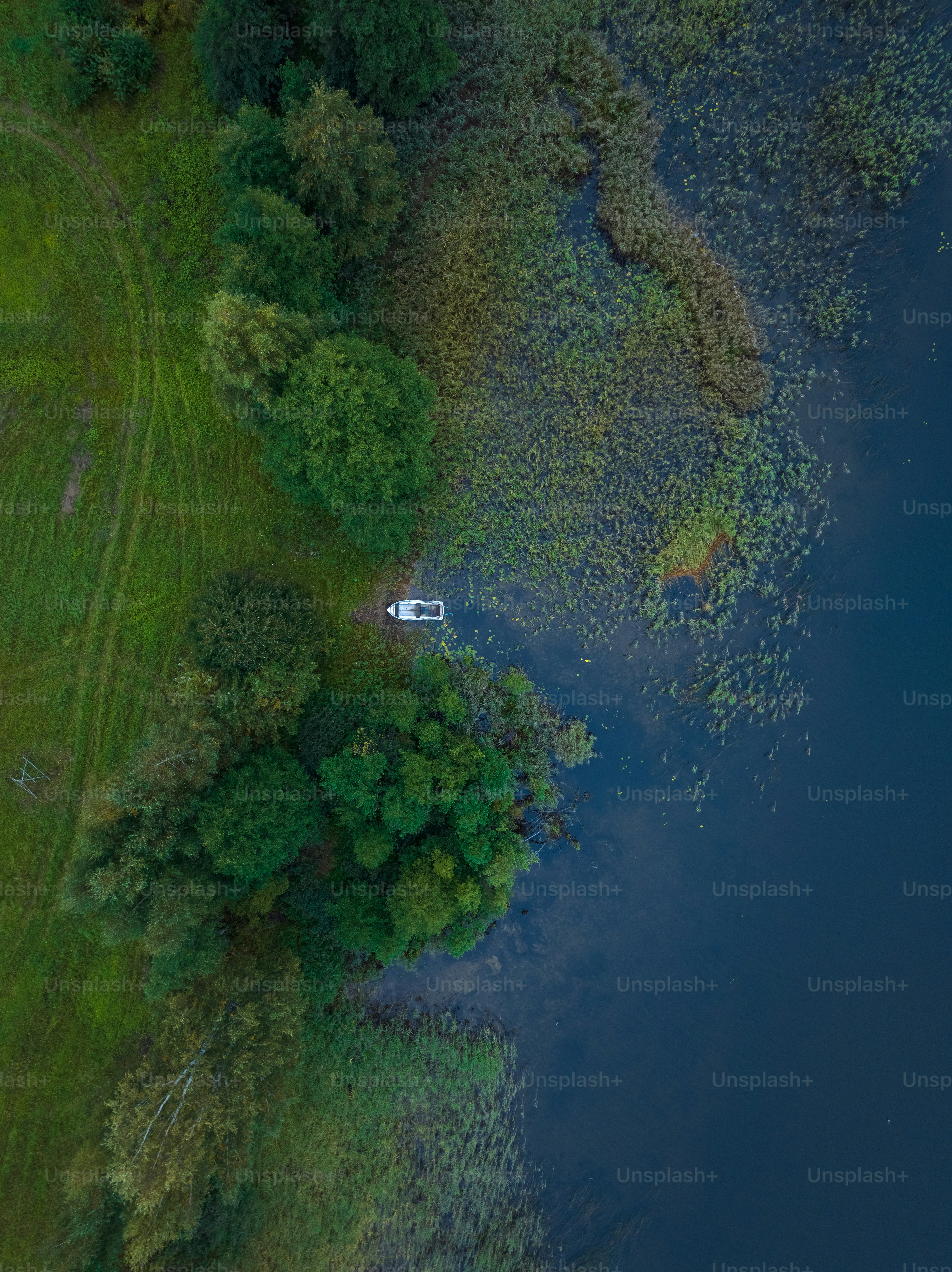 an aerial view of a boat on a lake
