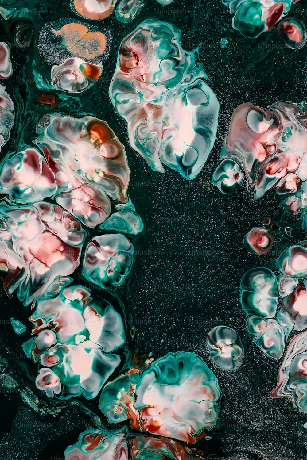 um grupo de objetos gelatinosos flutuando na água