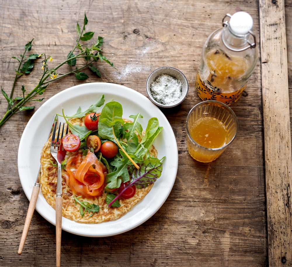 a plate of food on a wooden table