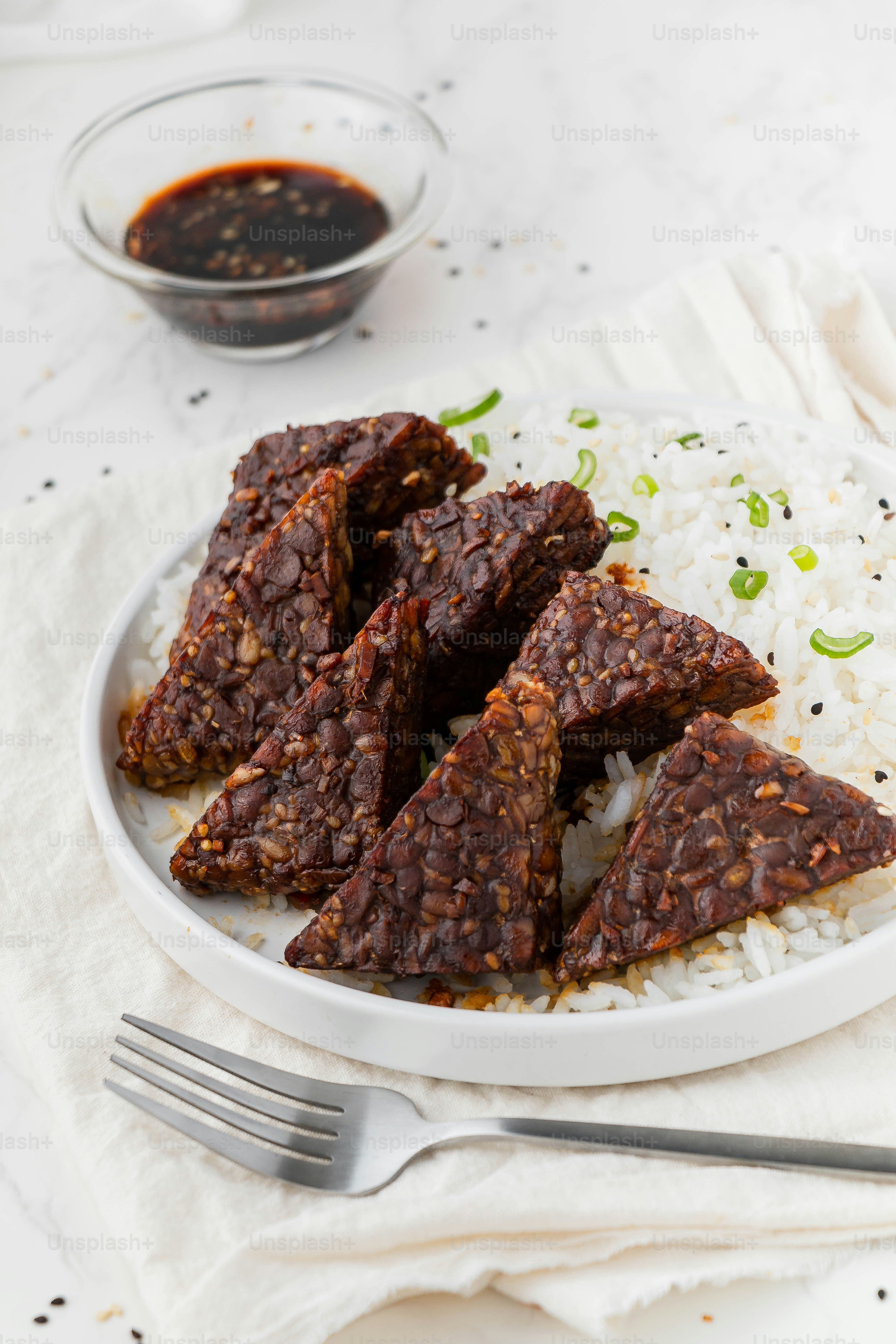 a plate of food with rice and meat on it