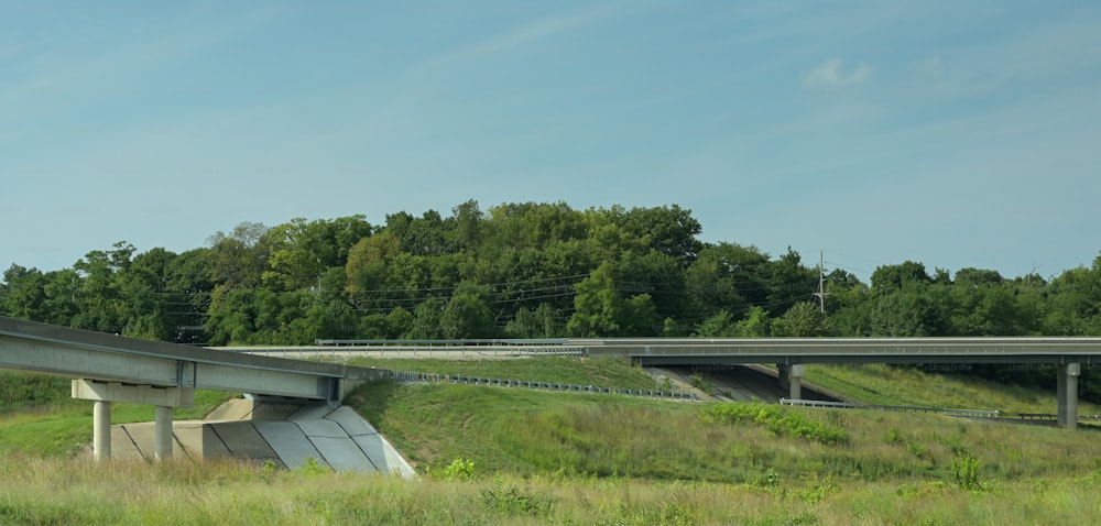 a highway bridge over a grassy field with trees in the background