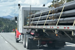 a semi truck with a load of pipes on the back of it