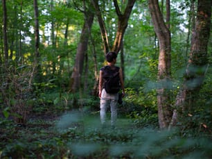 Un hombre con una mochila caminando por un bosque