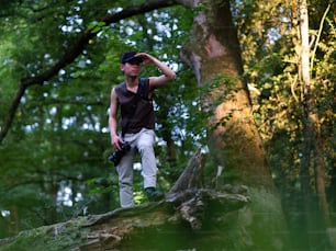 a man standing on top of a tree trunk
