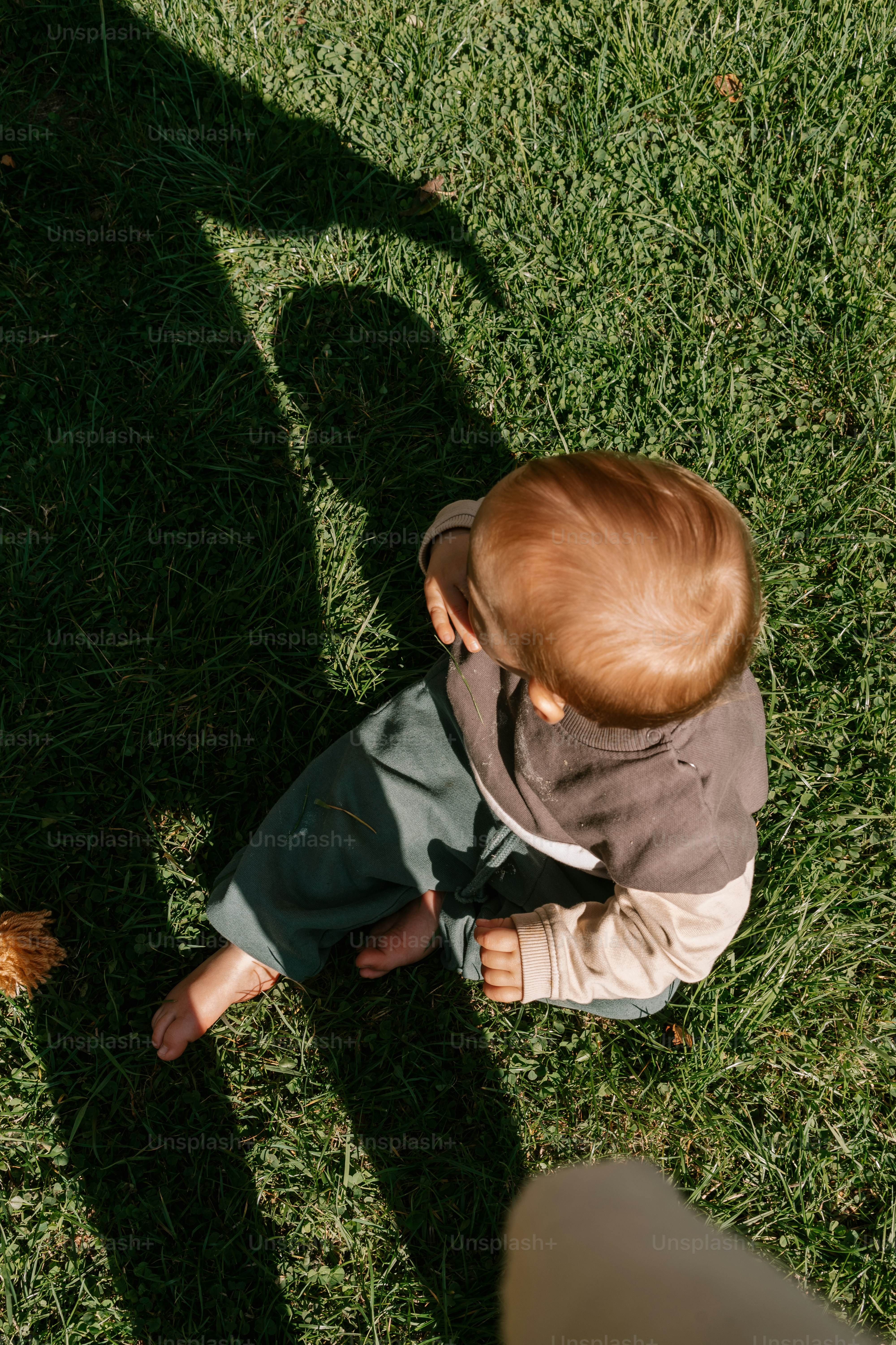 a little boy sitting on top of a lush green field