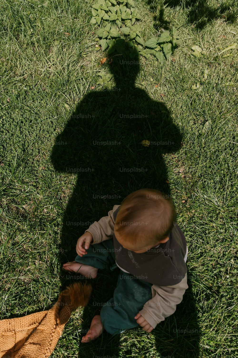 a shadow of a man and a child on the grass