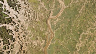 Eine Luftaufnahme eines Flusses, der durch ein üppig grünes Feld fließt