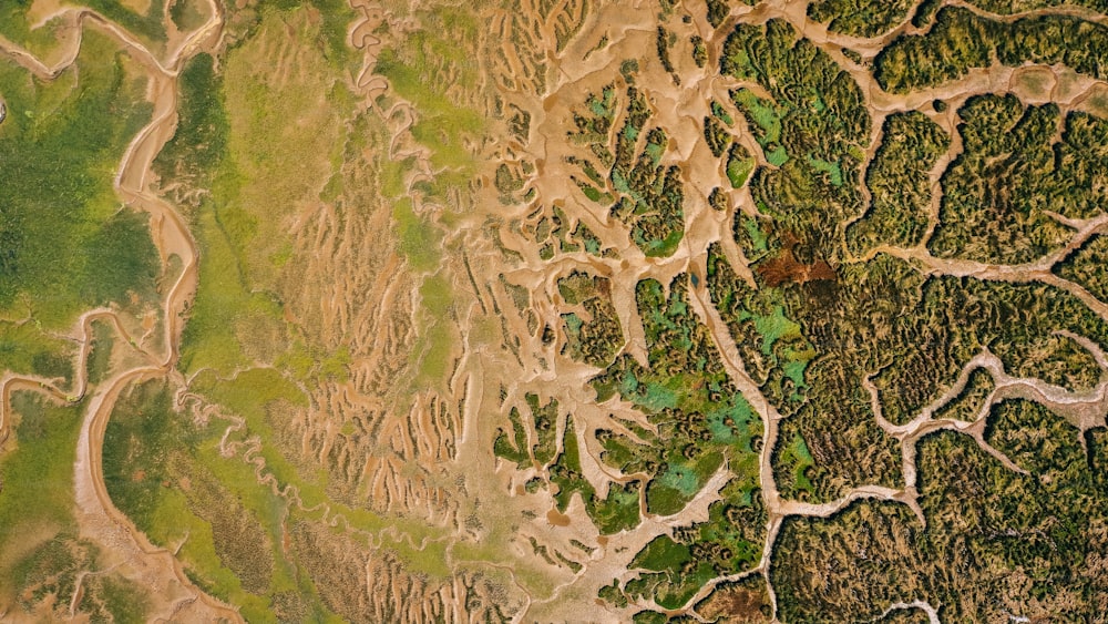 an aerial view of a river and land