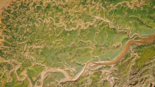 an aerial view of a river running through a lush green field