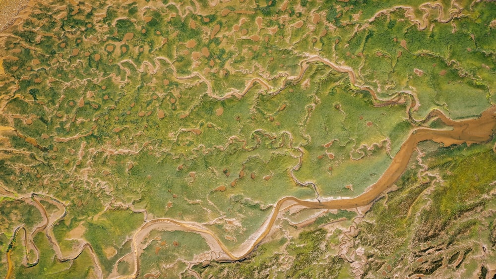 an aerial view of a river running through a lush green field