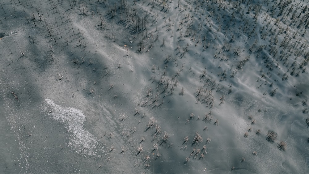 an aerial view of a snow covered field