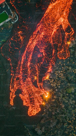 an aerial view of a lava flow in a field