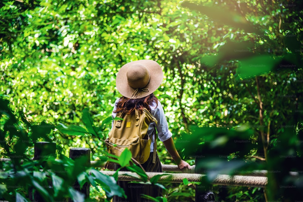 女性は休日に自然をリラックスして旅行します。森の中でのネイチャースタディ。マングローブ林の中を歩いて観光を楽しむ女の子。ボクコラニ自然歩道より滝。旅行、バックパック。