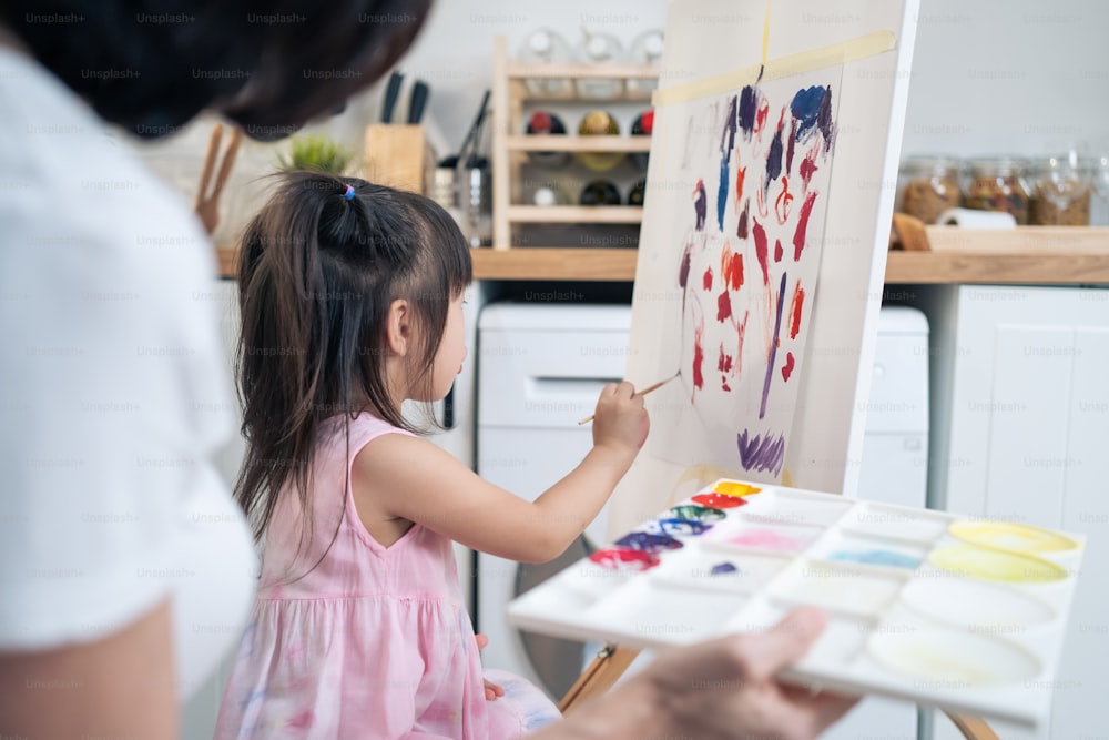 Asiatique jeune fille enfant heureux coloriage sur tableau de peinture avec la mère. Activité familiale heureuse, petite fille apprendre à dessiner une image d’art avec de la peinture à l’aquarelle et un pinceau profiter de la créativité avec maman.