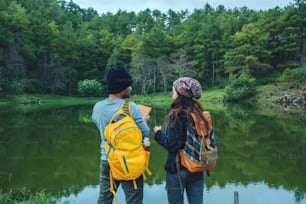 Lovers travel to watch the cherry trees of Asian couples. Happy with honeymoon travel,valentines.