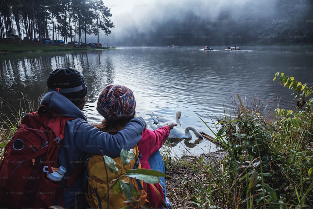 Asian couples are watching the swan, gracefully in a reservoir Pang Ung, Mae Hong Son, Thailand.