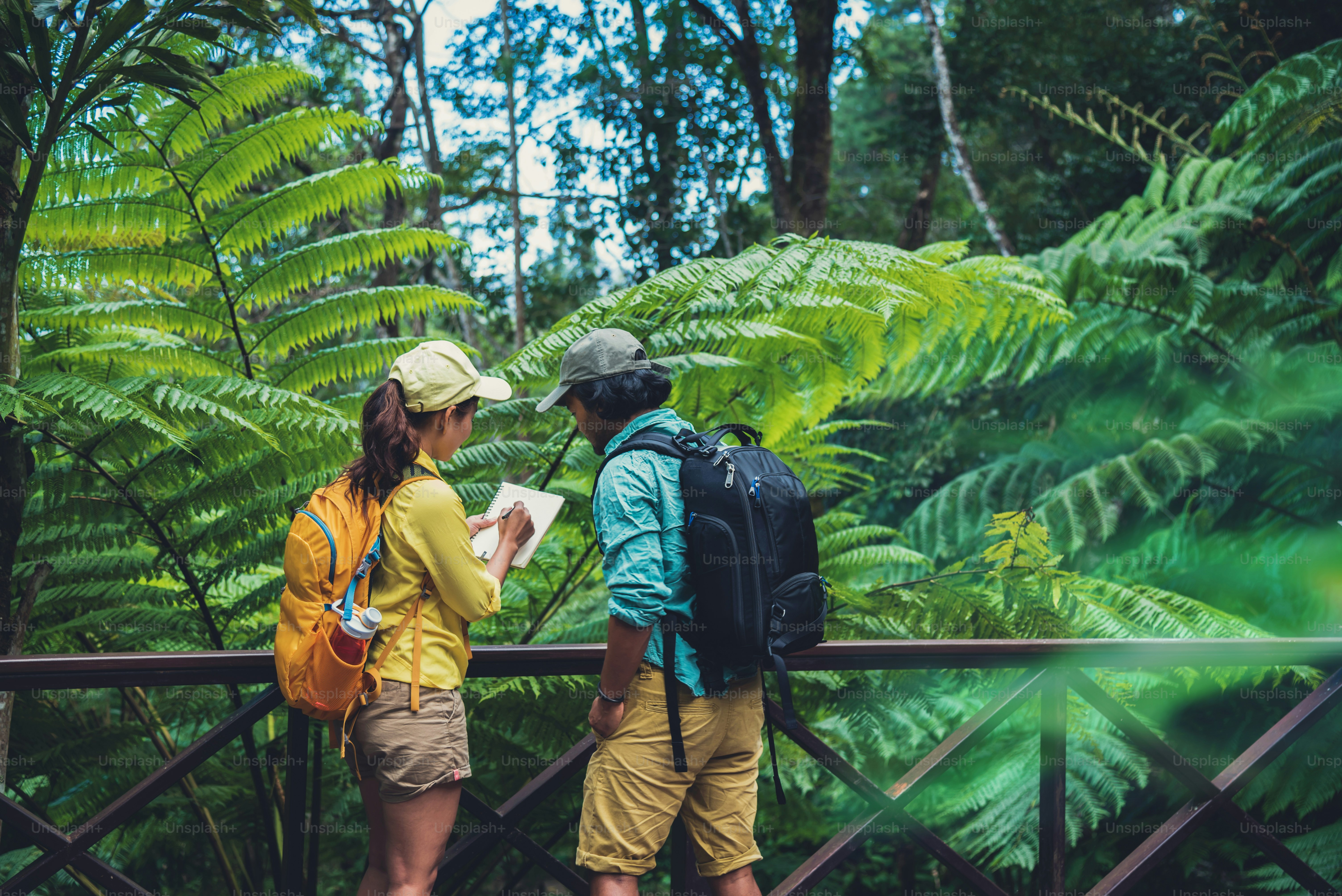 Asian couple travel nature walking relax and studying nature in the fores.