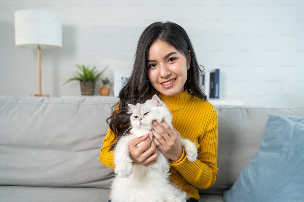 自宅で幸せを感じている小さな猫を抱いている美しい女性の肖像画。ソファに座り、リビングルームでペットの動物と余暇を過ごし、家でカメラを見ている魅力的な女性。