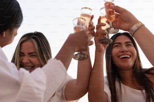 Gruppe hispanischer Freunde stößt mit ihren Weingläsern im Freien an.
