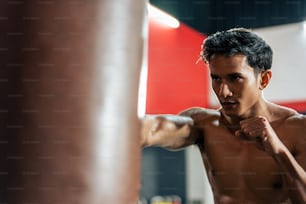 Asian active professional sport young man exercising in fitness gym. Attractive athlete sportsman workout by punching to sand bag to maintain strong muscle for health care in gym stadium or gymnasium.