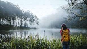 Young women travel to take pictures of beautiful natural forests, Pang Ung and pine forests in Mae Hong Son province, Thailand.