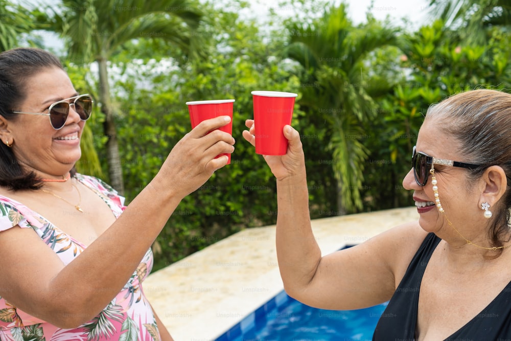 Two elderly ladies toasting with a drink on a summer day.