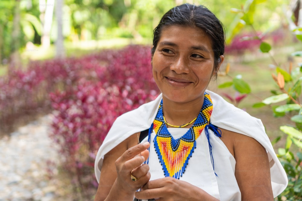 伝統的な衣装を着たコロンビアの女性の肖像画。シエラネバダ・デ・サンタ・マルタの若い先住民女性の美しいショット