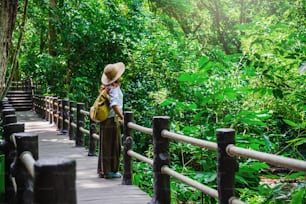 La fille marchant dans le pont et profitant du tourisme à travers la forêt de mangroves. Cascade que Bok Khorani Nature Trail. Krabi, se détendre, voyager, sac à dos, nature, tourisme, campagne.